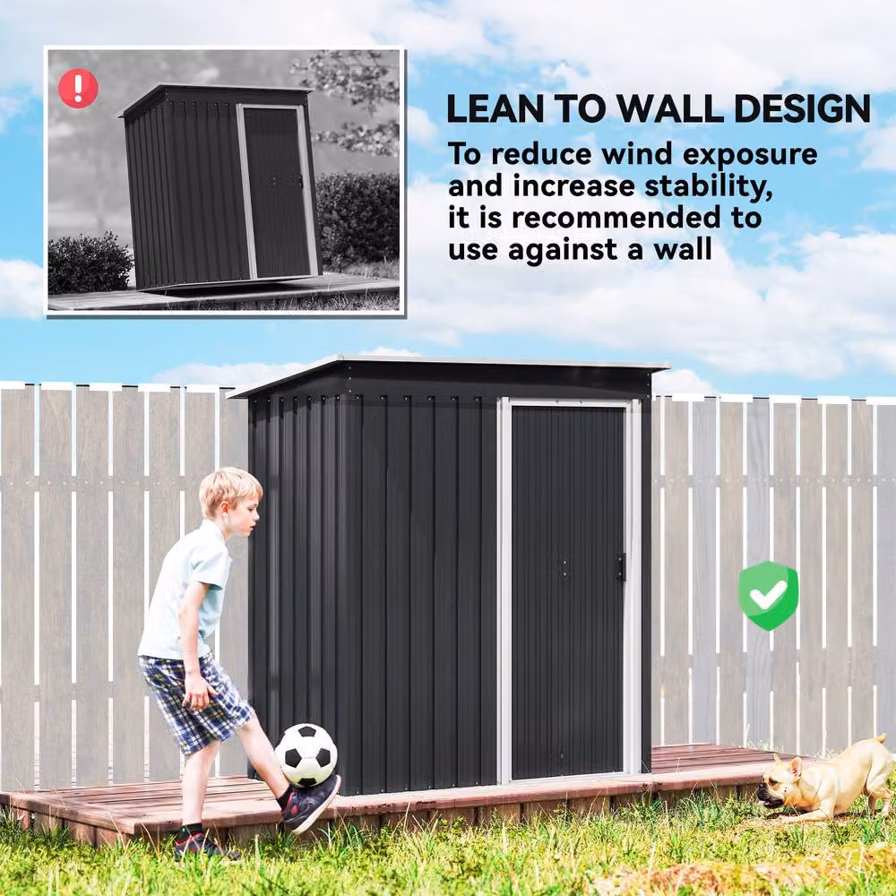 Rolipo Black Metal Garden Storage Shed with Sliding Door and Sloped Roof, W: 152.4 cm, D: 91.44 cm, H: 182.88 cm – 7