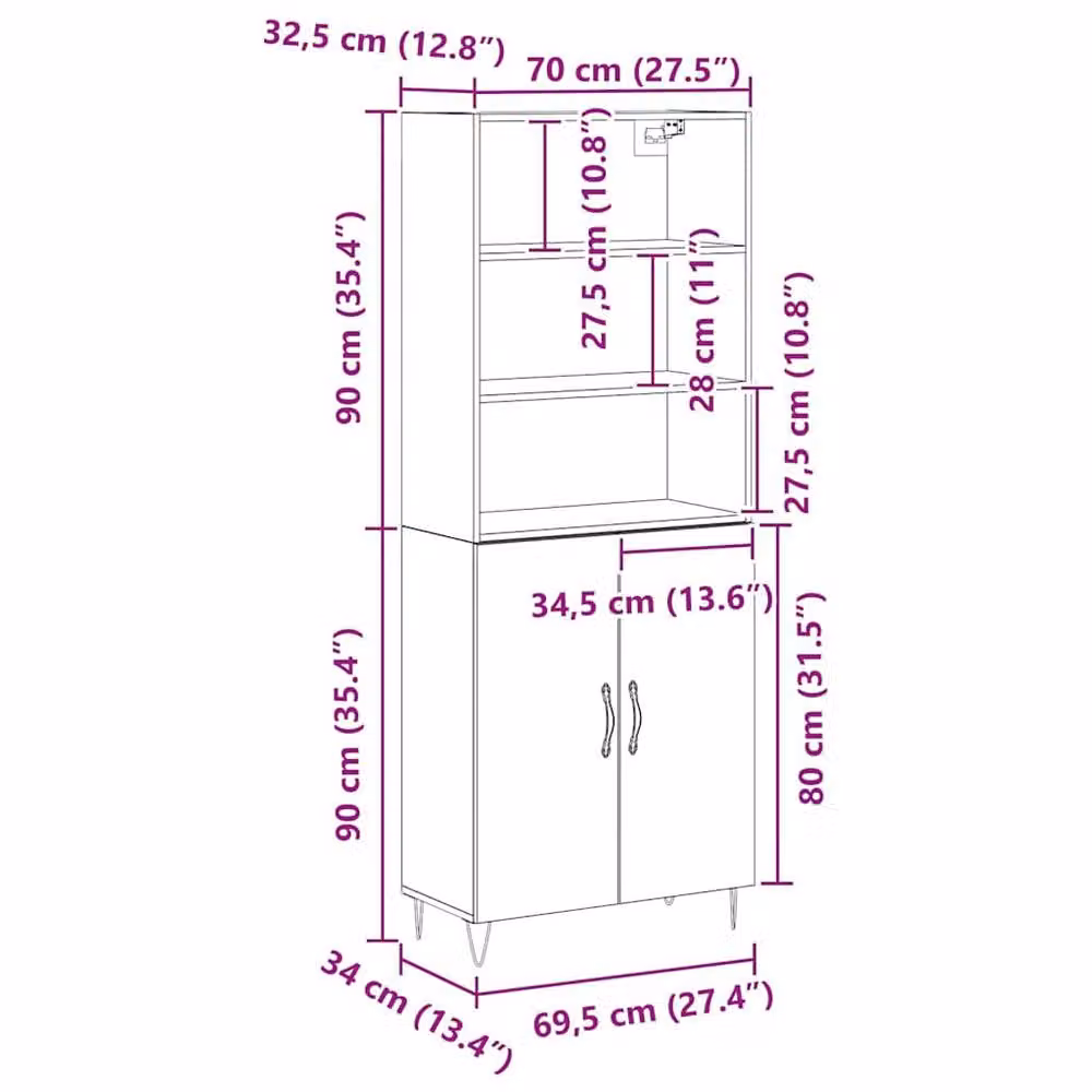 Berkfield Home Black Oak Highboard with Hinged Doors and Internal Shelves, W/D/H: 69.5 x 34 x 180 cm – 5