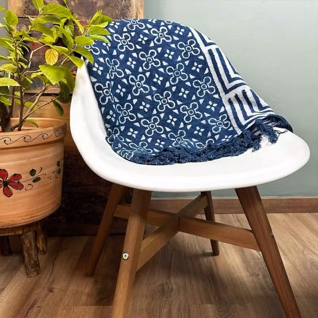 Handmade Indigo and Gold Geometric Boho Throw