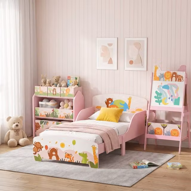 AIYAPLAY 3 Piece Kids Bedroom Set with Toddler Bed, Toy Organiser and Easel in Pink
