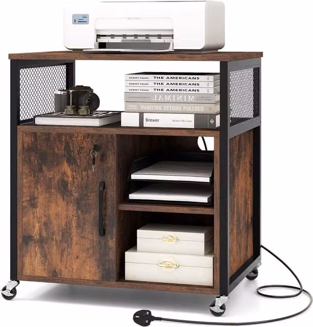 Costway Mobile Lateral Filing Cabinet in Brown with Lock and Castors