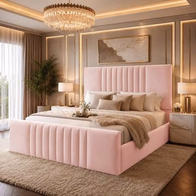 Desire Deco Ashley Upholstered Plush Velvet Panel Bed Frame in Pink, Size: Double (140 x 200 cm)