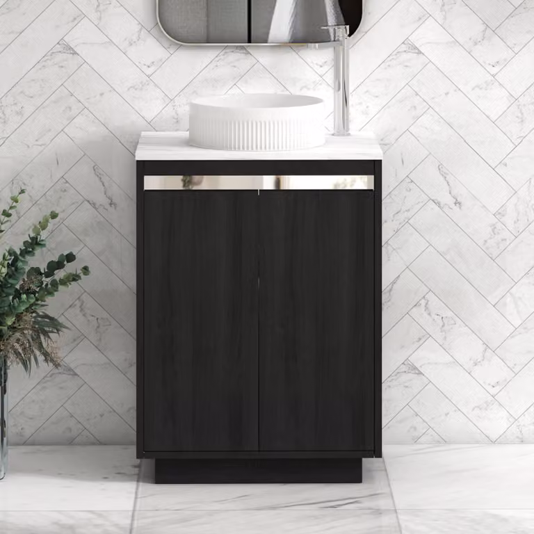Royal Bathrooms Orion 800mm Hale Black Floor Standing Vanity Unit with Carrara White Countertop, Round Basin and Chrome Accent Trim
