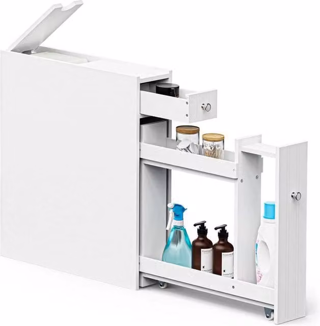 Vonhaus White Matt Metal Freestanding Bathroom Storage Unit with Hinged Doors and Internal Shelves