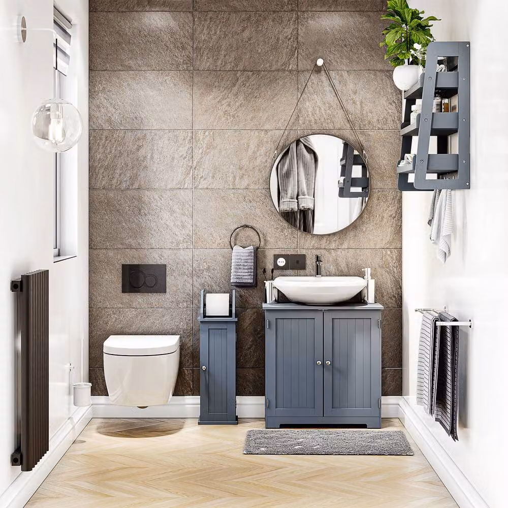 HD Designs Freestanding Toilet Roll Holder and Cupboard Bathroom Storage in Matt Grey – 5