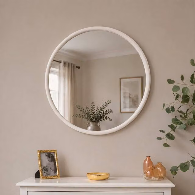 Melody Maison Round Rustic White Washed Wooden Wall Mirror, Diameter: 80 cm