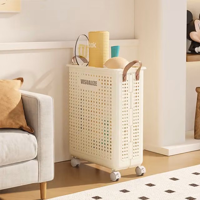 Lifeideas Collapsible Plastic Laundry Basket with Wheels and Handles, Beige and Yellow, Height: 22 cm