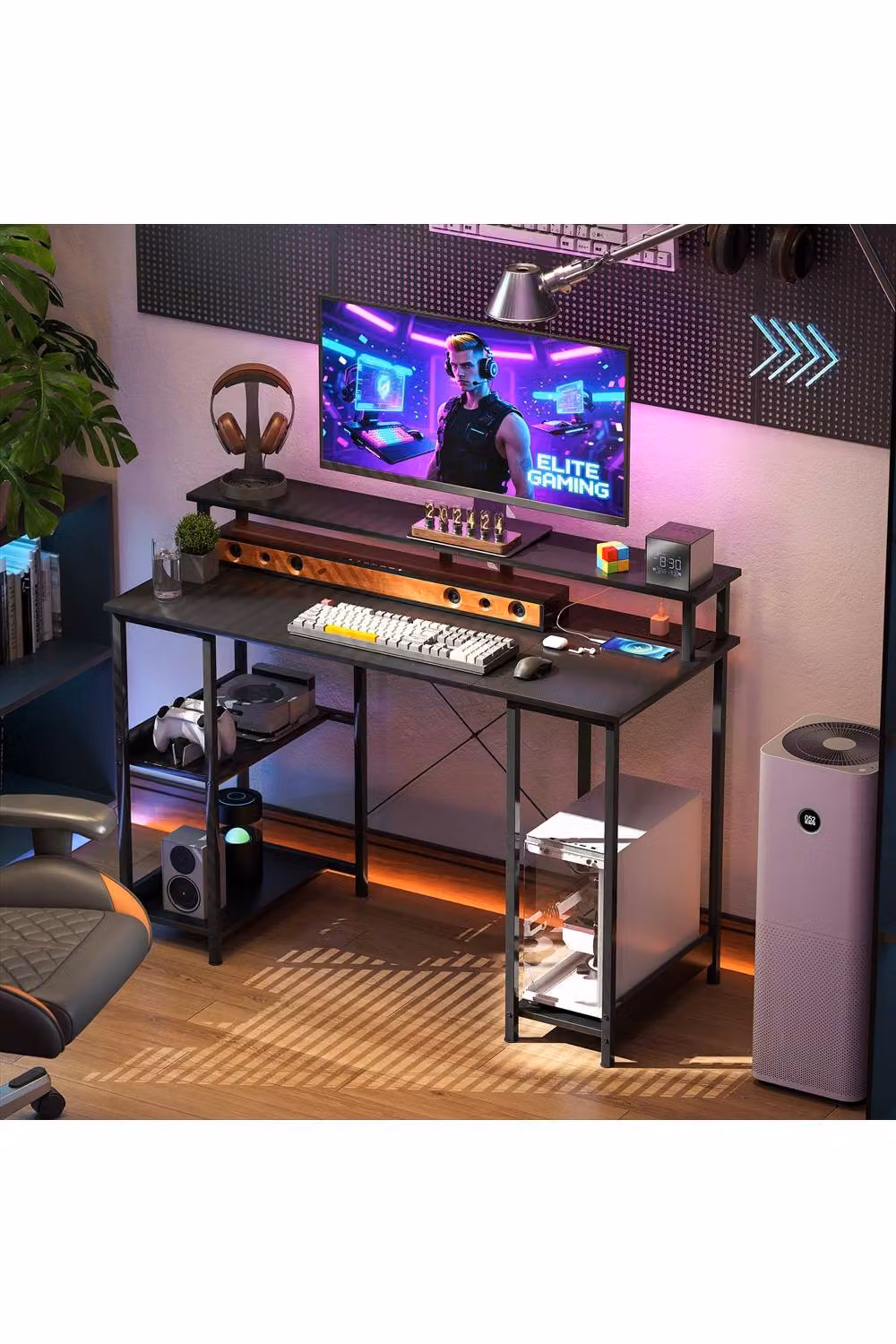 ERGOVEXA Modern LED Computer Desk with Power Outlets and Shelves, Grey and Black – 5
