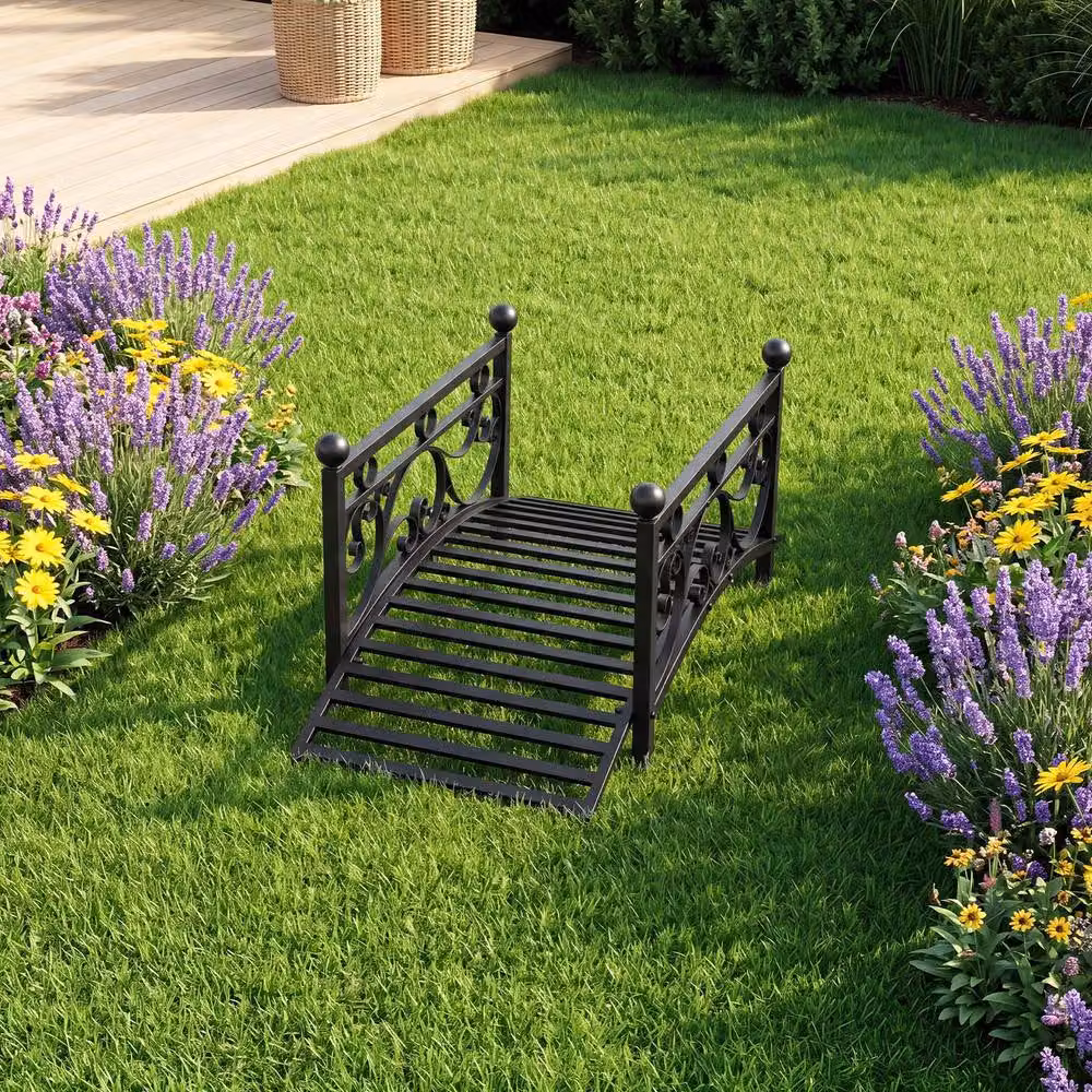 Gymax Arched Garden Bridge with Dual Patterned Metal Side Rails in Black, 101.5 cm – 7