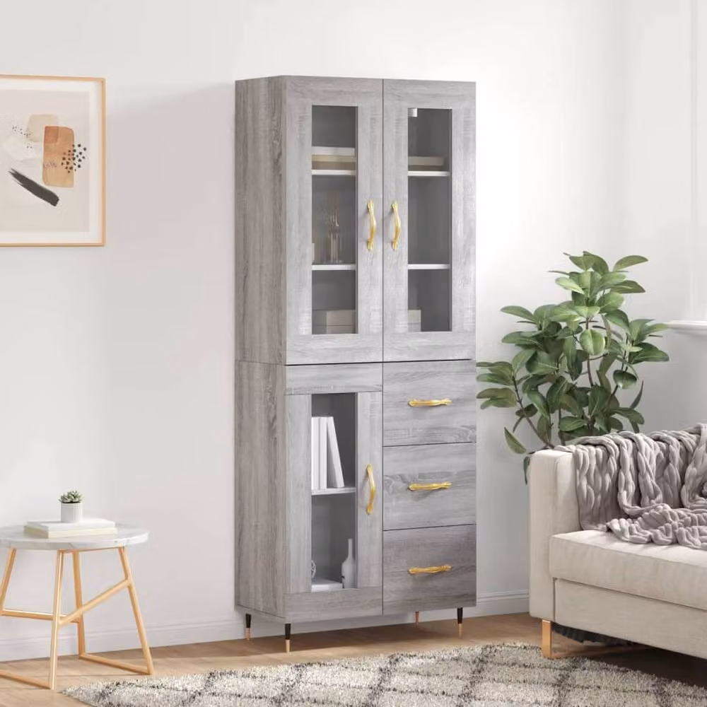 Berkfield Home Grey Sonoma Highboard with Glass Doors and Internal Shelves, W/D/H: 69.5 x 34 x 180 cm – 2