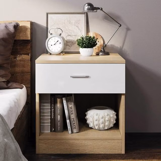 Comfy Living Modern High Gloss Bedside Table with Drawer and Open Shelf in Oak