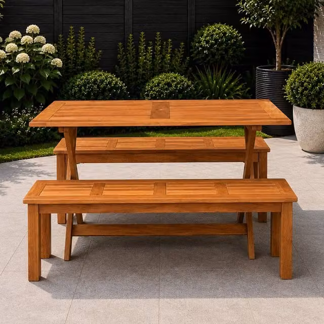 Samuel Alexander 4 Person Rectangular Wooden Garden Dining Table with 2 Benches in Brown