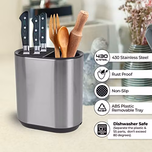 Top 3 Stainless Steel Kitchen Utensil Holder and Knife Block in Silver with Drainage System and Non-Slip Base – 2
