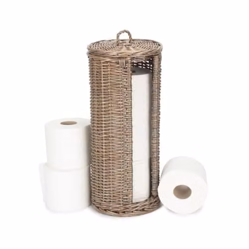 Red Hamper Open Round Rattan Toilet Roll Holder with Spare Roll Holder in Red and Brown