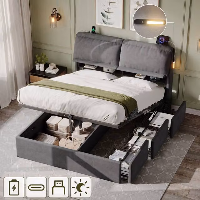 Matteo King Size Velvet Upholstered Ottoman Bed with Storage, USB Charging and LED Lighting in Grey, W/D/H: 180 x 200 cm – 1