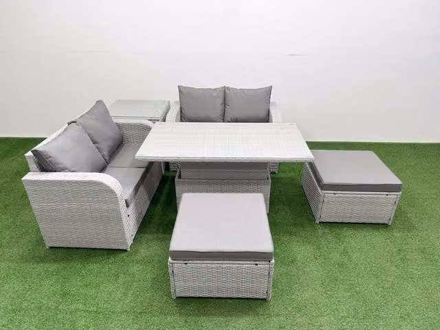 Fimous 6 Seater Rattan Garden Furniture Set in Light Grey with L-Shape Sofa, Adjustable Dining or Coffee Table, 2 Footstools and Side Table