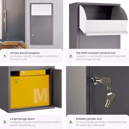 tectake Wall-Mounted Steel Parcel Box with Lockable Storage and Anti-Theft Deposit Slot, Grey, W/D/H: 44 x 22 x 82 cm – 4
