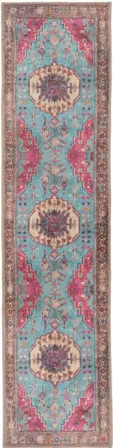 Kukoon Abstract Vintage Hallway Runner Rug in Beige, Petrol and Turquoise, Non-Slip and Washable, W: 60 cm, L: 240 cm