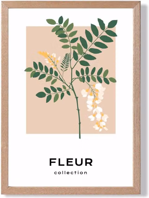 ARTZE Green and Beige Wildflower Minimalist Framed Botanical Print with Oak Frame, Size: A3
