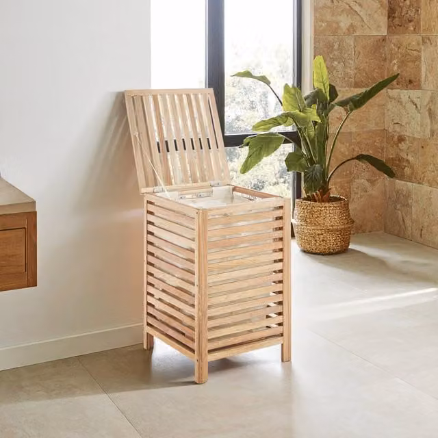 Orsina Arla Walnut Wood Laundry Hamper with Lid and Removable Bag in Brown