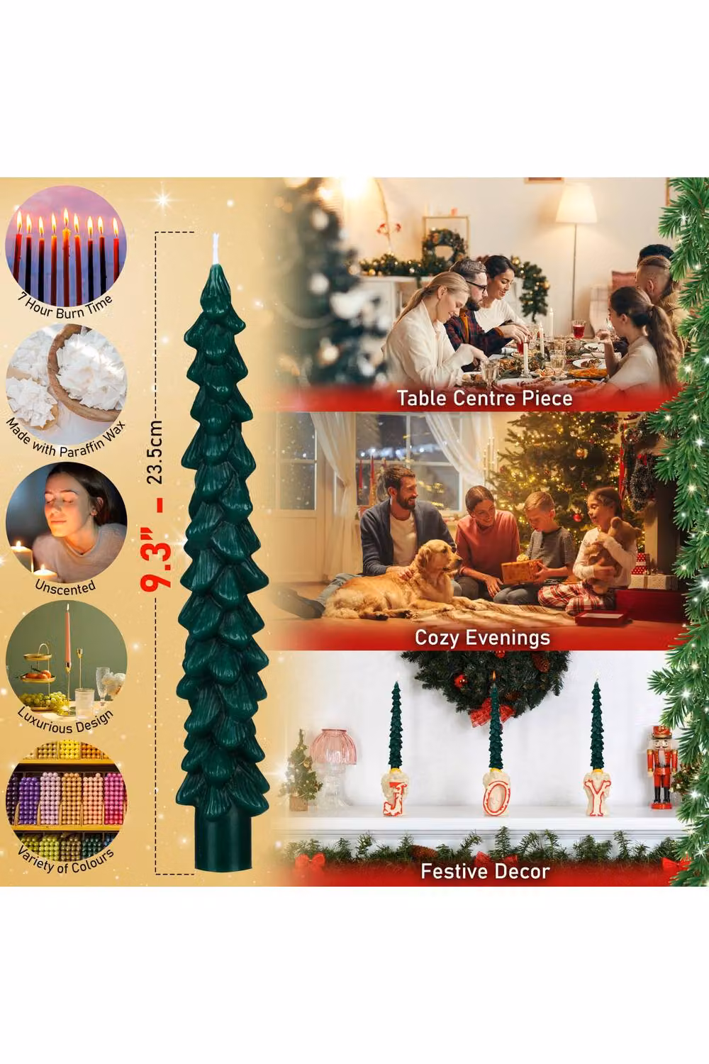 Deco Express Christmas Tree Dinner Candles, Green and Gold, Set of 6 – 7
