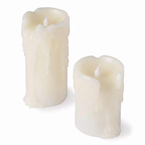 Lights4fun Set of 2 White Battery Operated LED Pillar Candles with Flickering Effect, Timer and Dripping Wax Effect – 2