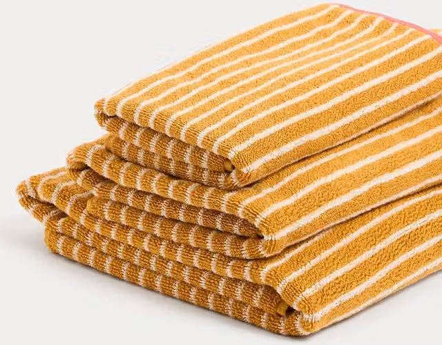 M&S Fluffy Pure Cotton Modern Striped Towel in Yellow Ochre