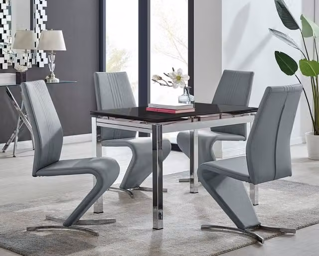 FurnitureboxUK Enna Black Glass Extending Dining Table and 4 Willow Chairs in Grey