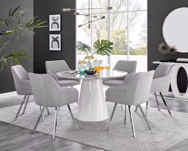 Furniturebox Palma White Marble Effect Round Dining Table and 6 Falun Silver Leg Chairs in Light Grey