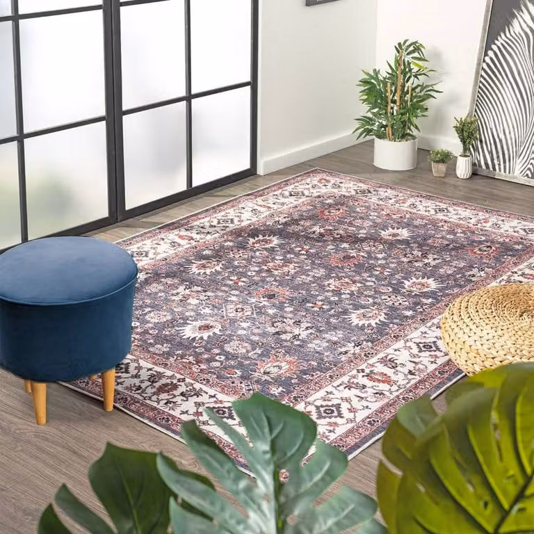 The Rug Shop UK Grey Bordered Floral Traditional Stain-Resistant Rectangular Rug, W: 60 cm, L: 180 cm