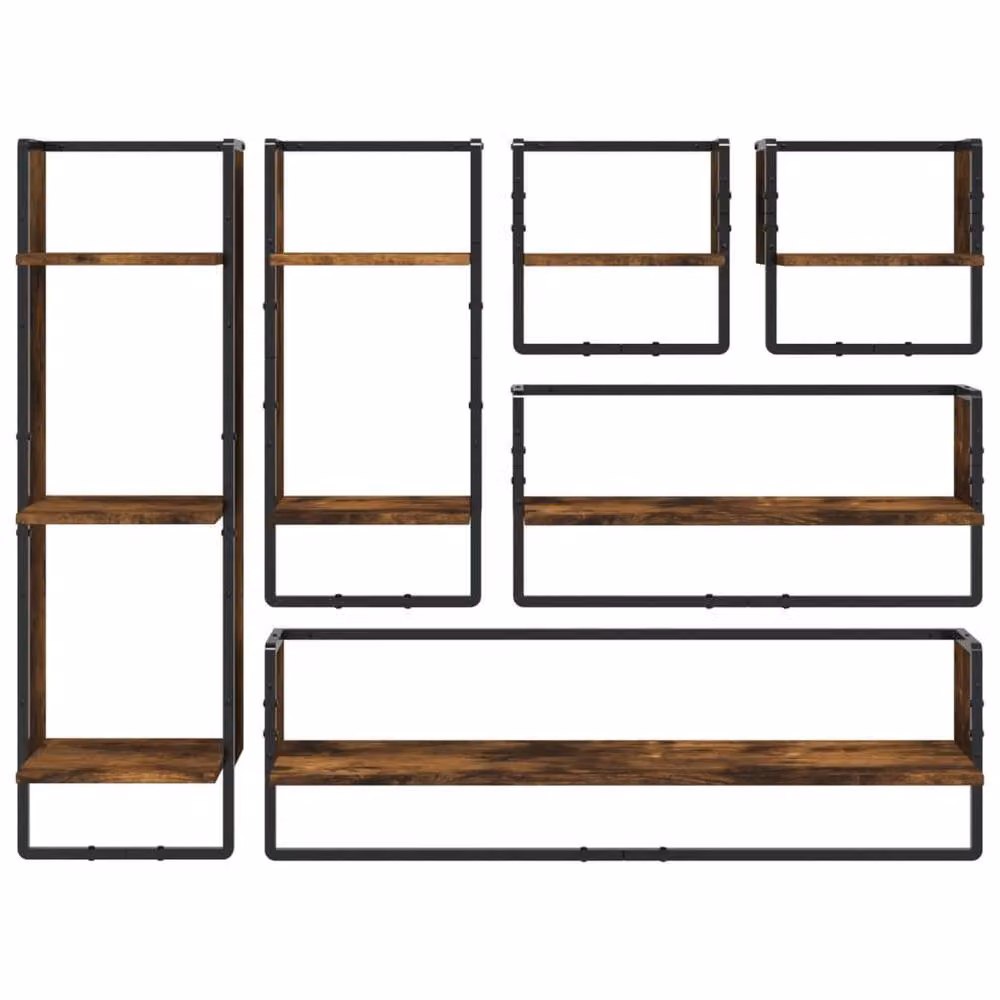 Berkfield Home 6 Piece Decorative Wall Shelf Set with Hanging Rods in Brown Smoked Oak Engineered Wood – 4