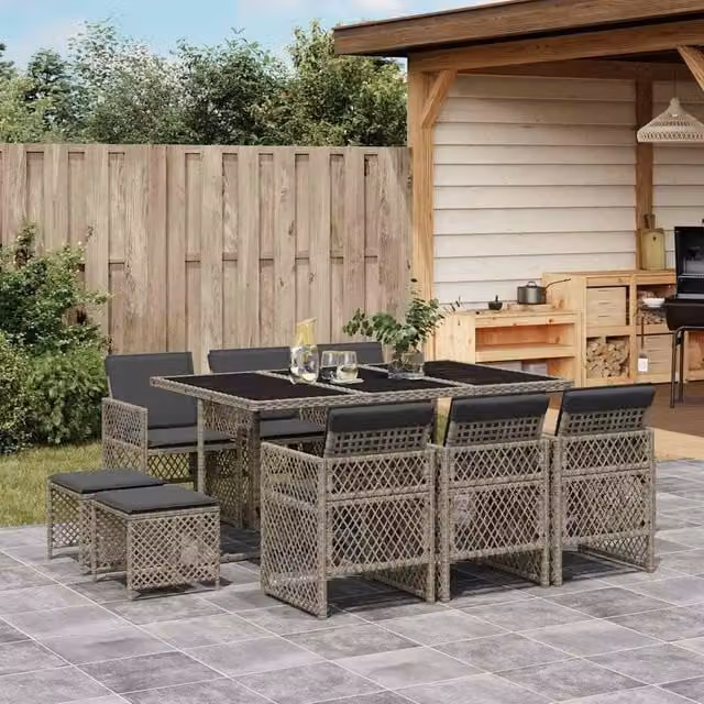 Berkfield Home 11 Piece Grey Poly Rattan Garden Dining Set with Cushions – 1