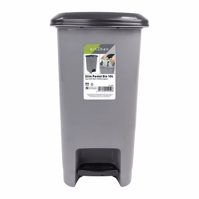 JVL Slim Plastic Lidded Pedal Waste Bin, Grey