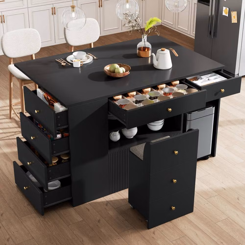 Rolipo Kitchen Island with Stools and 6 Drawers, White/Black/Gold, Width: 140 cm – 3