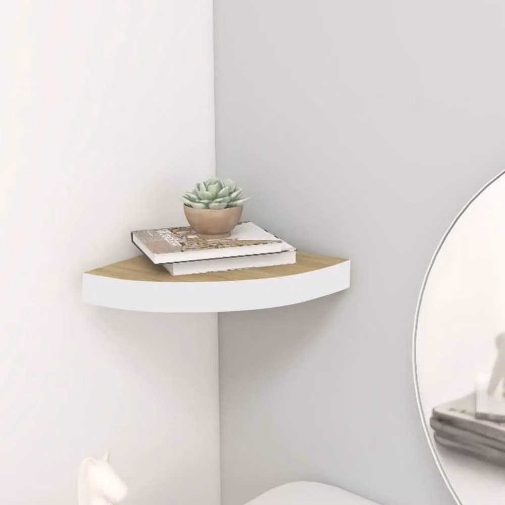 Berkfield Home Wall Mounted Corner Shelf in Oak and White, W/D/H: 35 x 35 x 3.8 cm