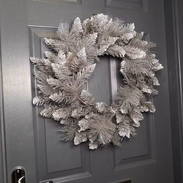 Samuel Alexander 50cm Snow Tipped Hanging Christmas Wreath with Silver Glitter Branches in White and Silver