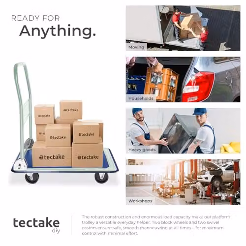 tectake Platform Trolley in Blue with 150 kg Load Capacity, Foldable Handle and Robust Steel Construction – 4