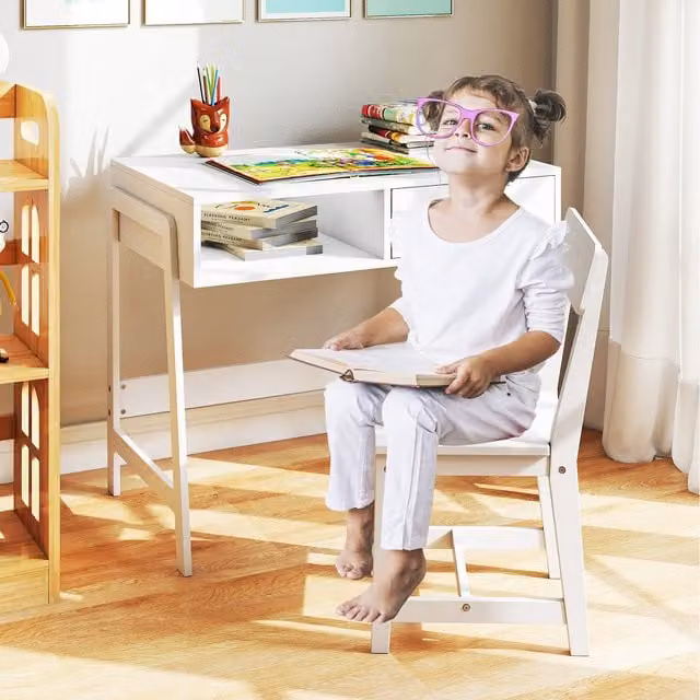 Costway Modern White Kids Study Desk and Chair Set with Pine Wood Design