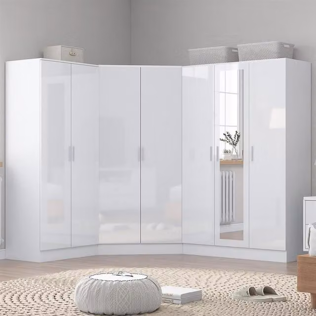REFLECT Wardrobe Bundle in White Gloss and Matt White, including Corner, 3-Door and 2-Door Units with Soft-Close Hinged Doors