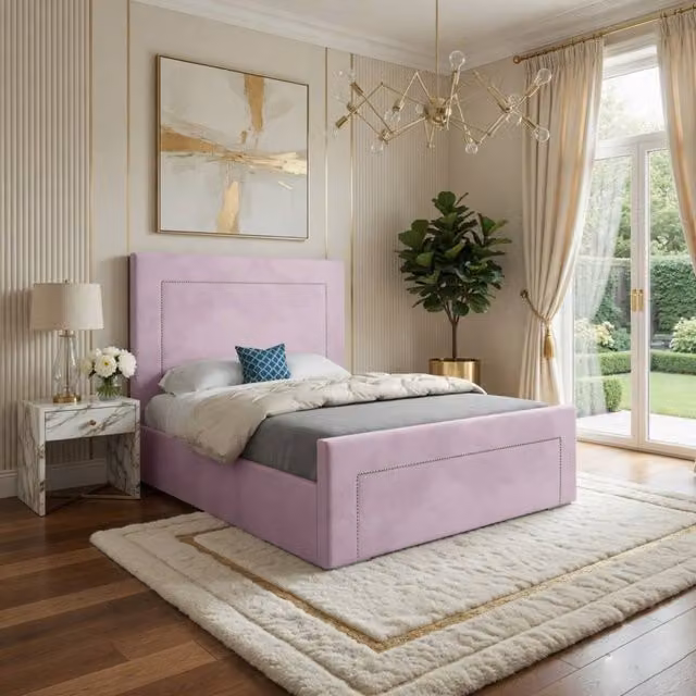 Casani Kemsing Upholstered Pink Velvet Designer Bed Frame, W: 140 cm, L: 200 cm – 1