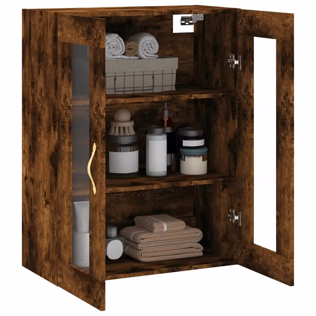 Berkfield Home Wall Mounted Smoked Oak Cabinet with Glass Doors in Brown, W/D/H: 69.5 x 34 x 90 cm – 5