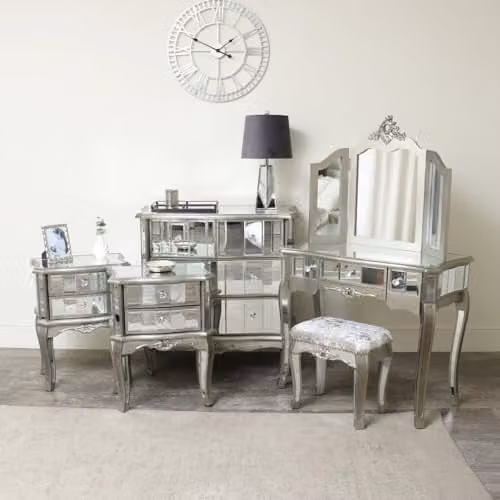 Melody Maison Tiffany Range Silver Mirrored Bedroom Furniture Set including Chest of Drawers, Dressing Table and Bedside Tables