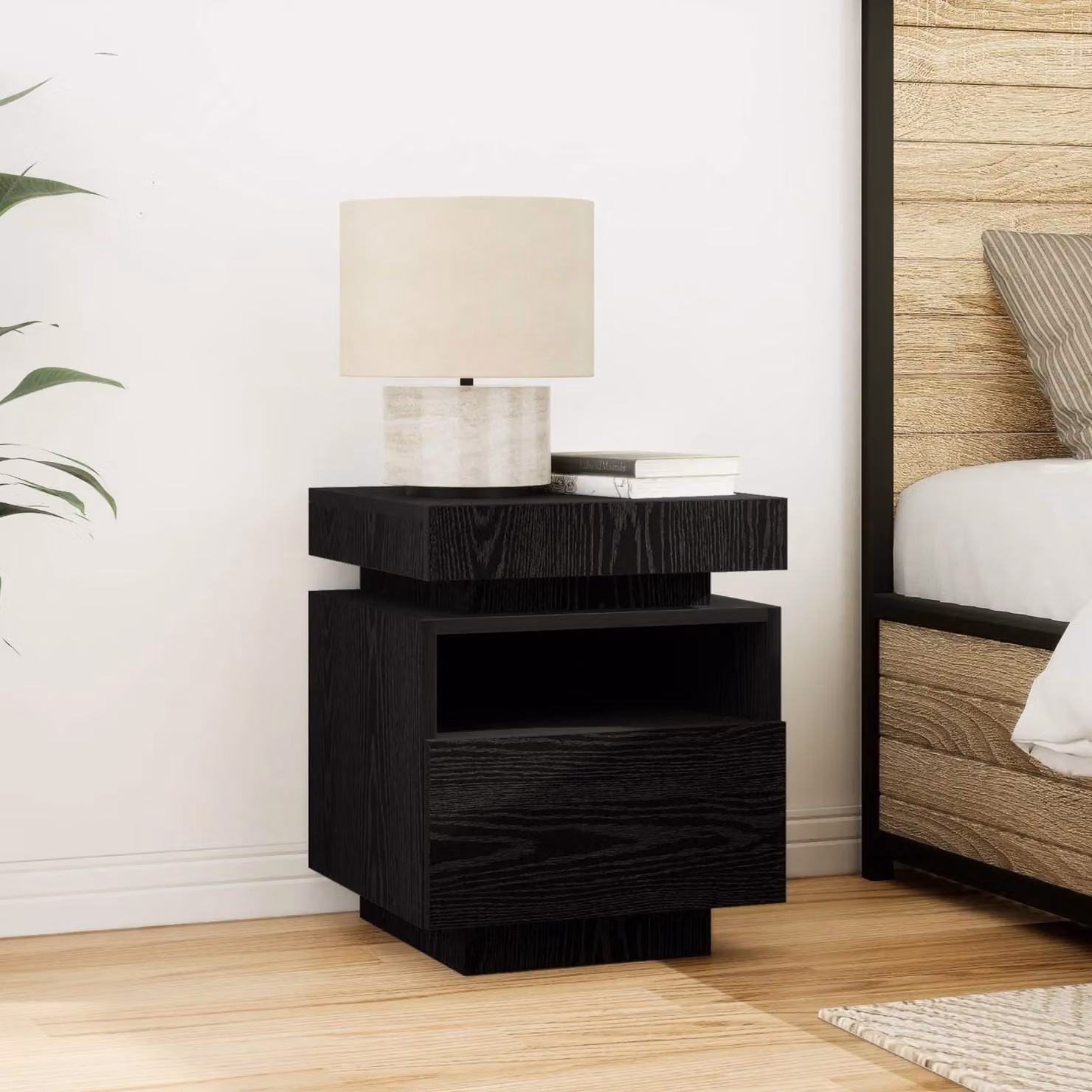 Berkfield Home Set of 2 Black Oak Bedside Cabinets with Integrated LED Lights, W: 40 cm, D: 39 cm, H: 48.5 cm – 3