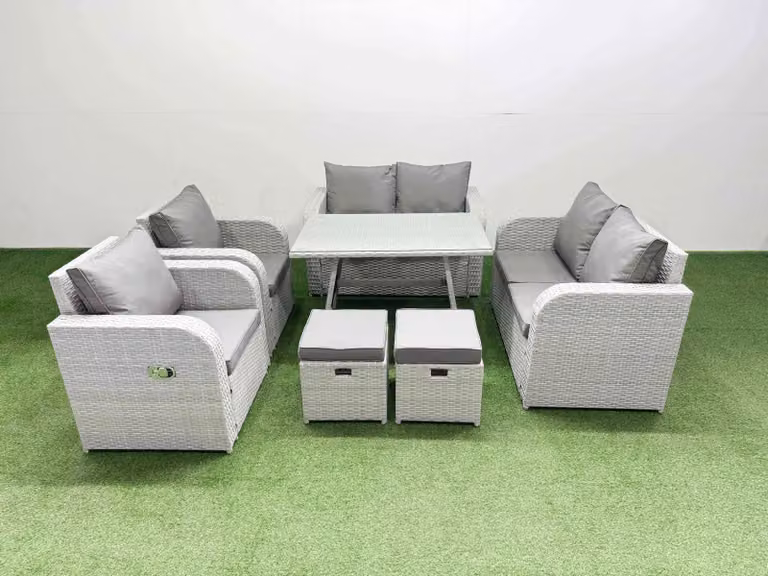 Fimous 8 Seater Rattan Garden Furniture Set in Light Grey with Upholstered Cushions and Coffee Table