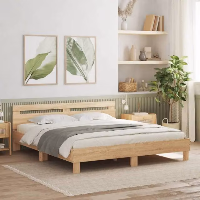 Berkfield Home Sonoma Oak Bed Frame in Light Tan Beige, W: 160 cm, D: 200 cm