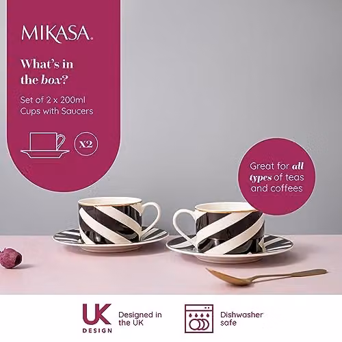Mikasa Luxe Deco Geometric Bone China Tea Cup and Saucer Set of 2, 200ml, Black, White and Gold – 2