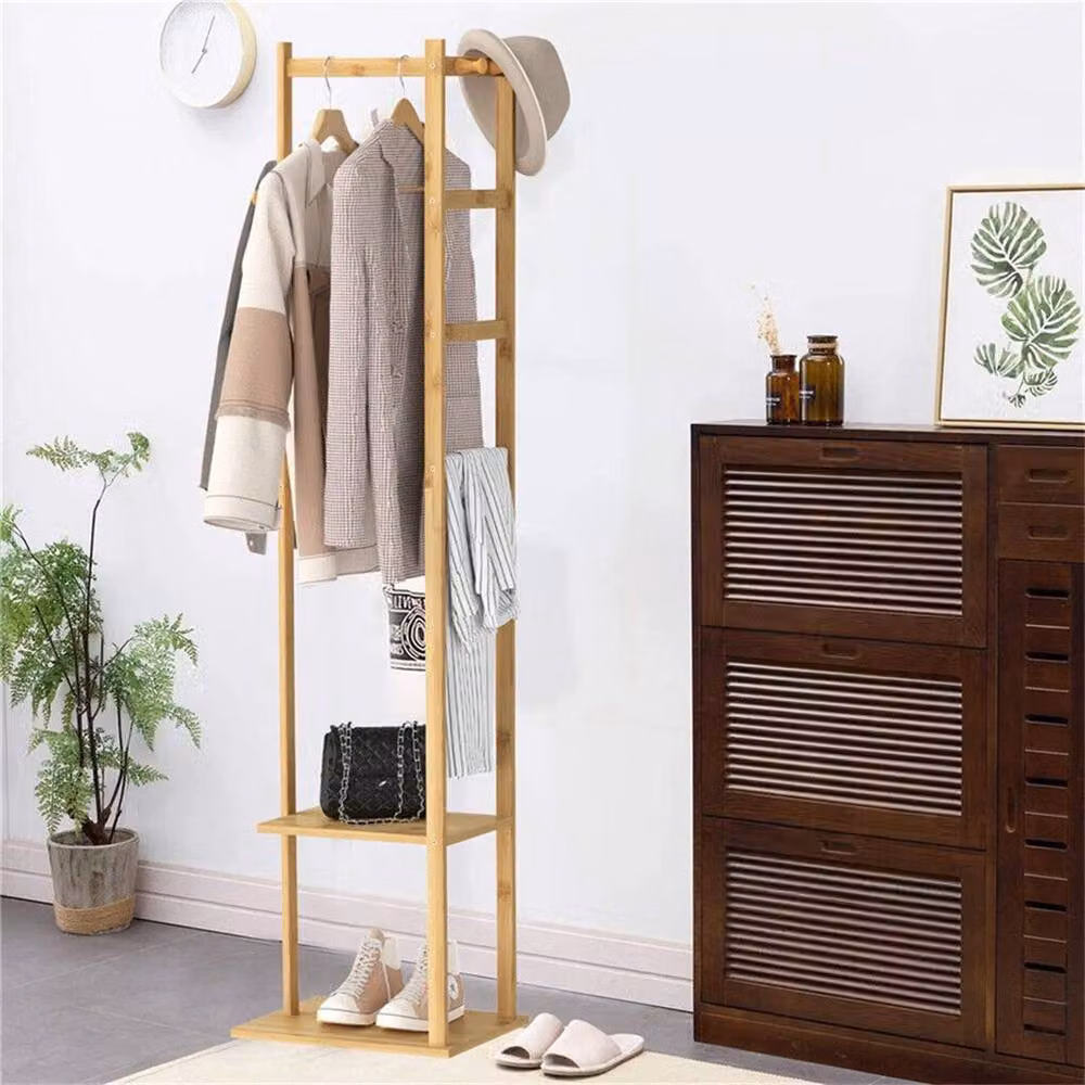 Kelvenix Brown Bamboo Hall Tree with Bench and Dual Hook and Rail Matrix – 3