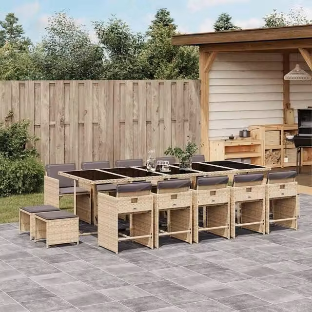 Berkfield Home 15 Piece Garden Dining Set with Beige Cushions in Mixed Poly Rattan – 1