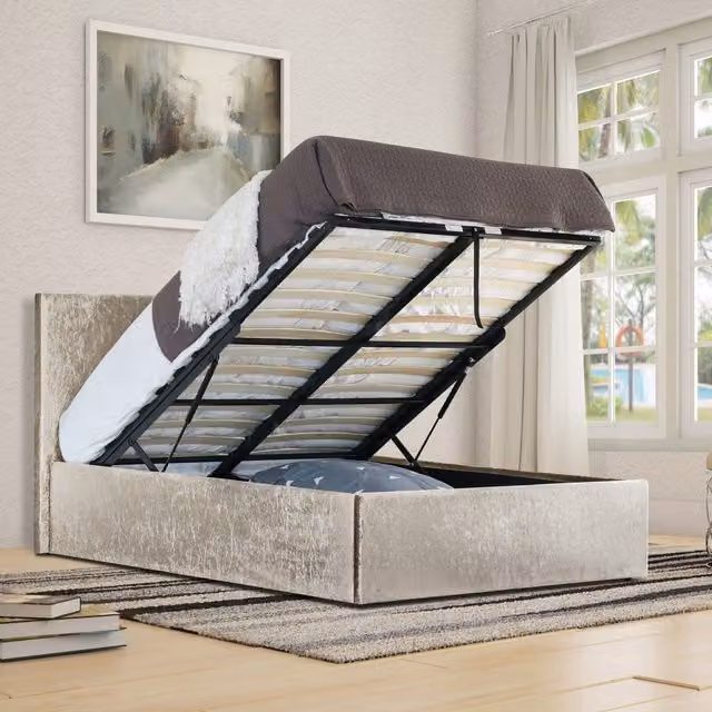Comfy Living Crush Velvet Upholstered Ottoman Bed Frame in Beige, W/D/H: 180 x 200 cm