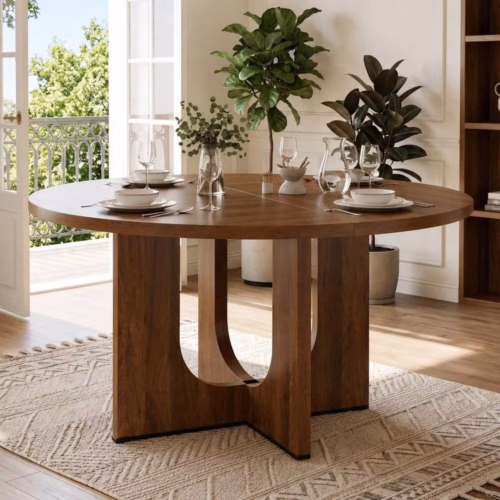 Merax Mid-Century Modern Round Pedestal Dining Table in Brown, Diameter: 120 cm, Height: 75 cm – 3